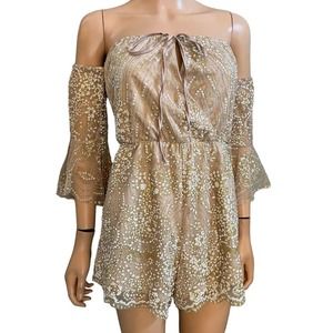 Hello Molly Shimmer Please Romper Glitter Nude Off The Shoulder